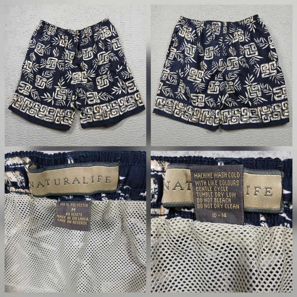 Natural Life Swim Trunks Men's M Navy Cream‎ Bamboo Geometric Print Lined